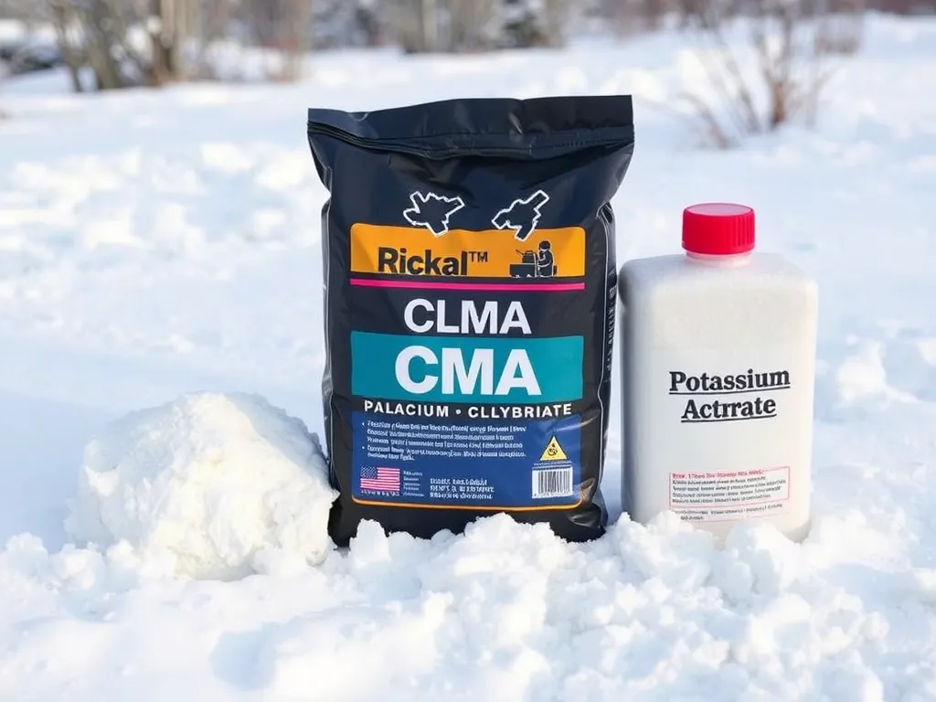 CMA and potassium acetate products suitable for treating asphalt driveways
