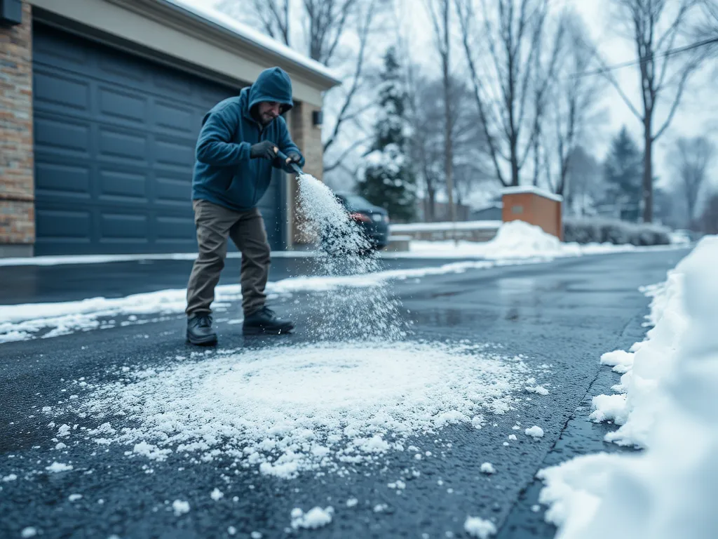 Person spreading salt on an asphalt driveway during winter.