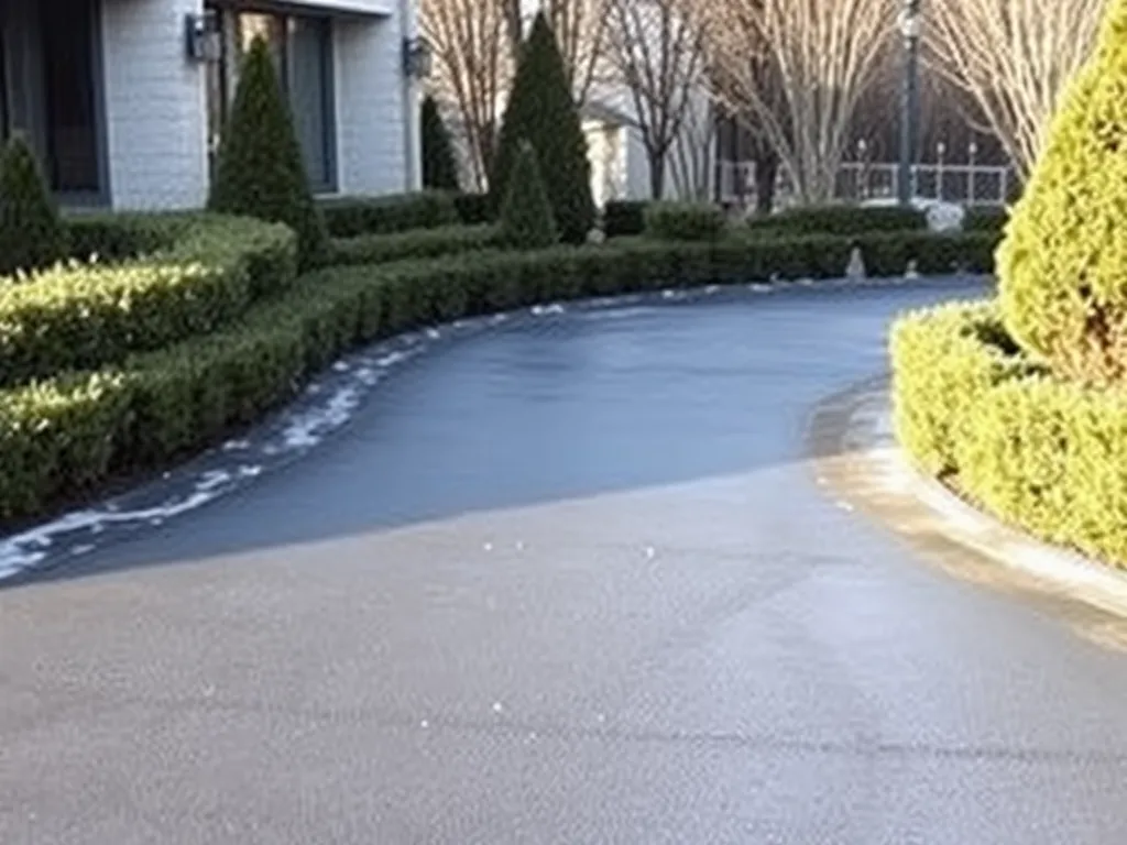 Asphalt driveway with salt application for winter snow removal.