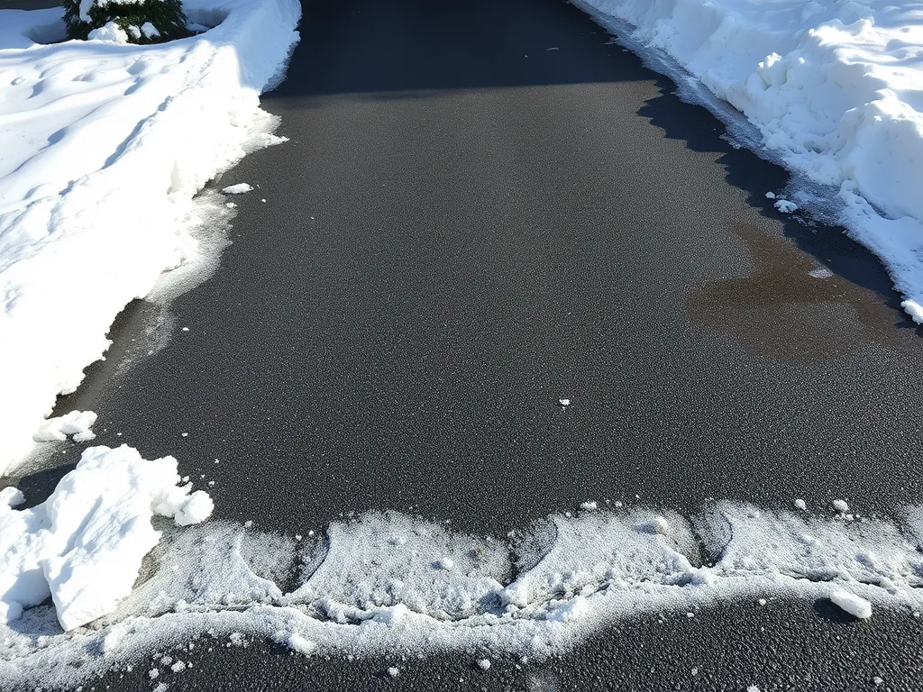 Salt applied on an asphalt driveway surrounded by snow, showcasing winter upkeep.