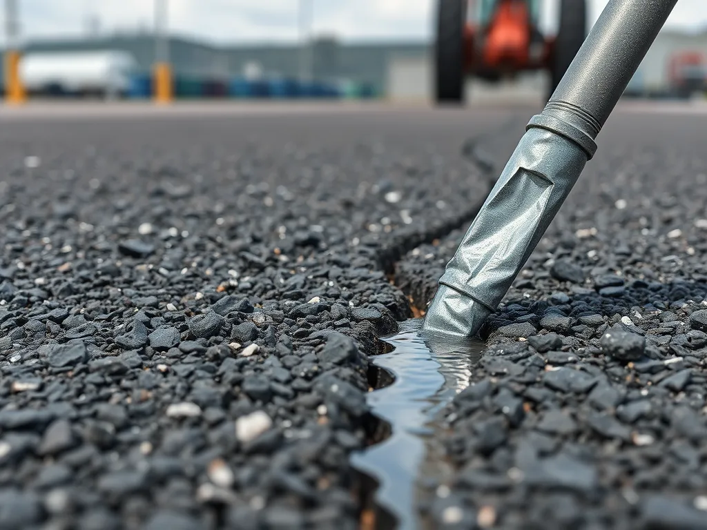 Close-up of a sealing machine applying sealant on asphalt millings.