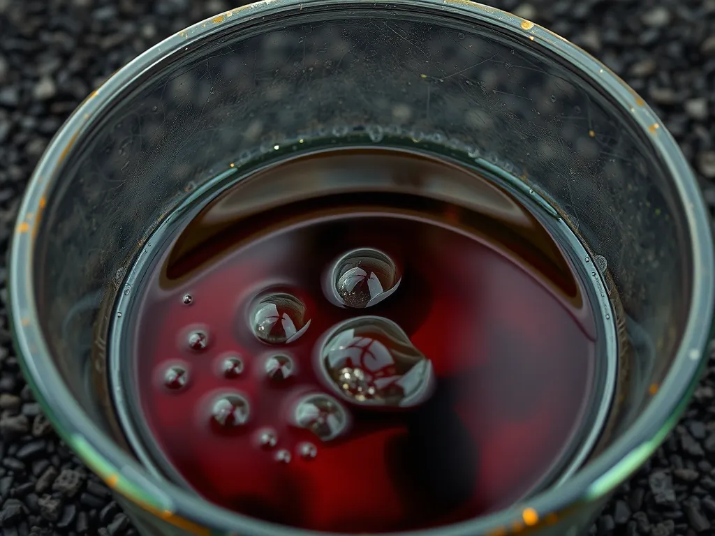A close-up view of a liquid used for sealing asphalt millings, illustrating sealing techniques.