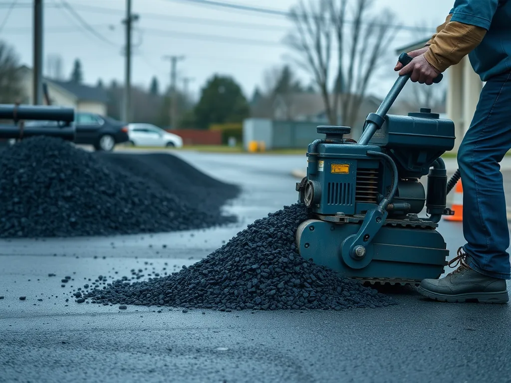 Person using a roller compactor on asphalt millings for sealing.