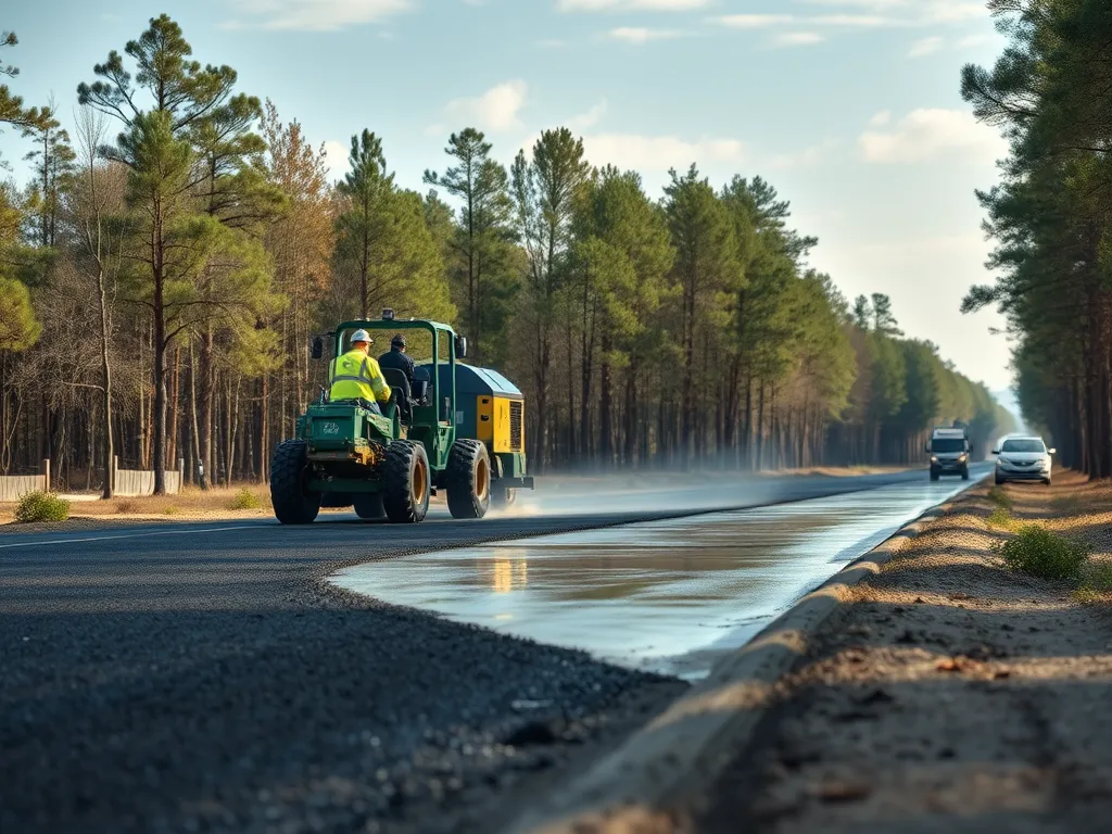 Sealcoating application on a roadway, showcasing its benefits to property value.