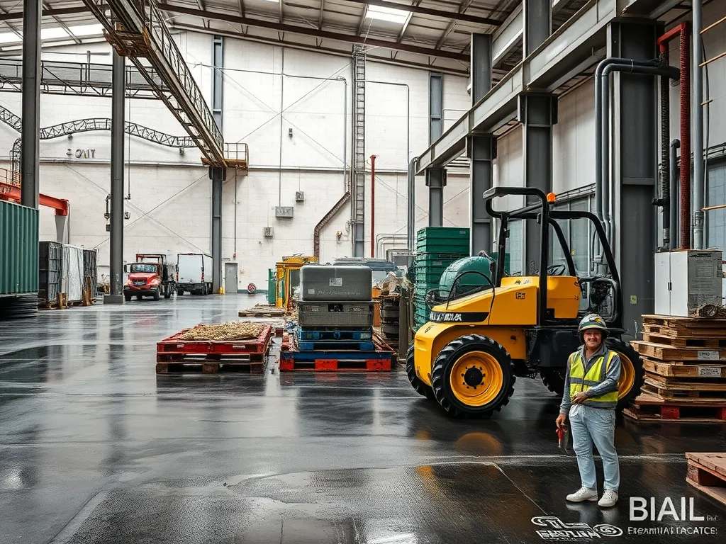Worker in a warehouse showing effective sealcoating application techniques for durability.