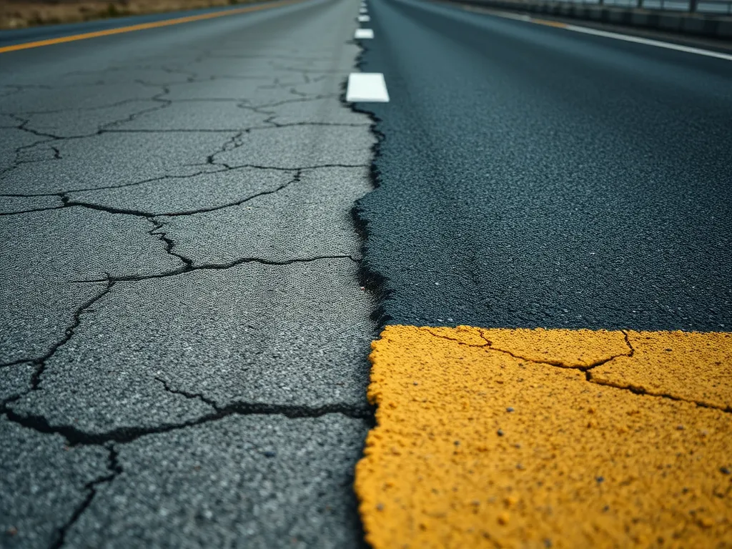 Cracked asphalt road with a focus on the benefits of sealing to extend life.
