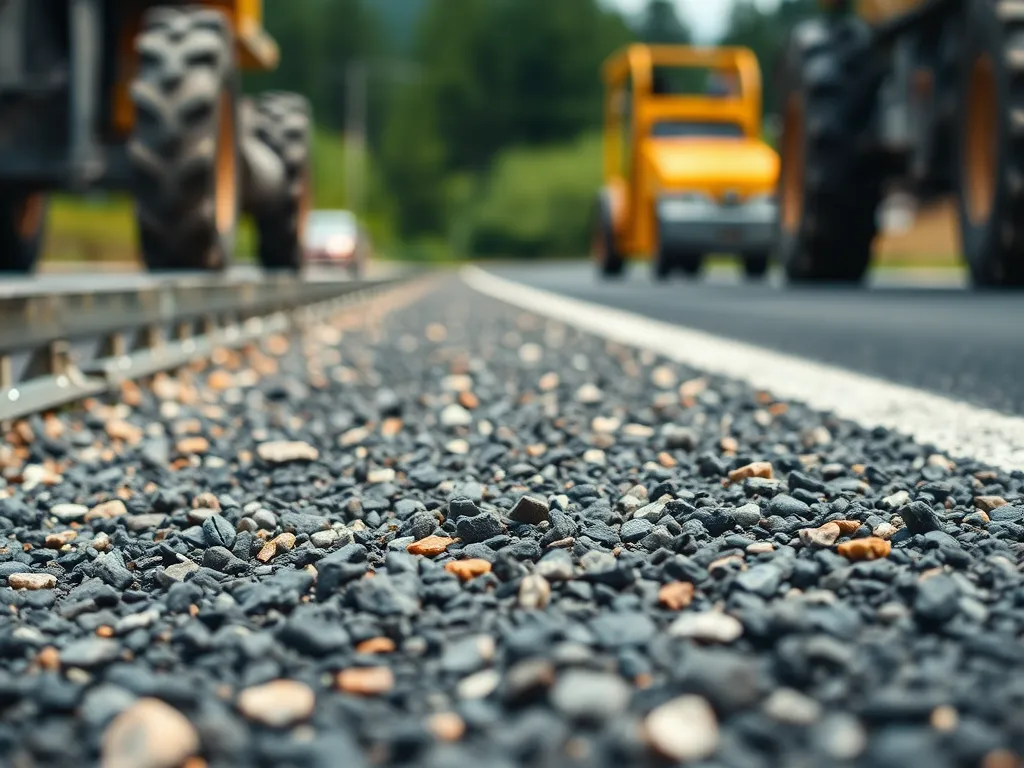 Close-up of sustainable asphalt road showcasing gravel and construction equipment.