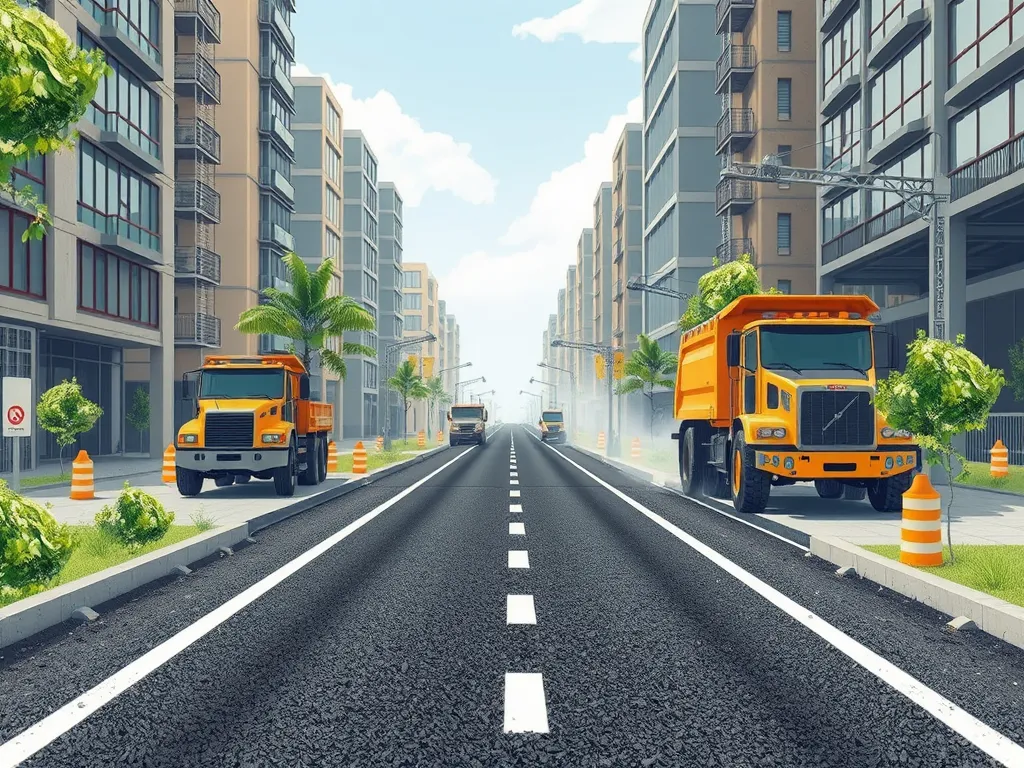 Road construction vehicles working on sustainable asphalt for improved economic impact.