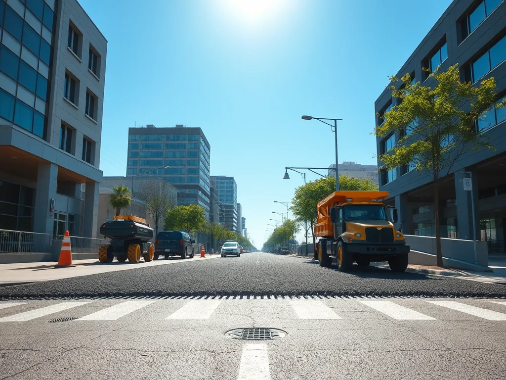 Construction of sustainable asphalt road in a modern urban setting showcasing economic benefits