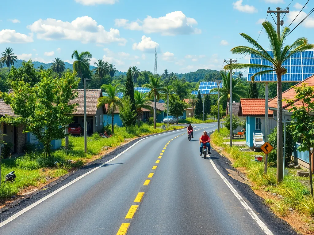 A view of a community road with sustainable asphalt, featuring solar panels and greenery, highlighting the benefits of eco-friendly infrastructure.
