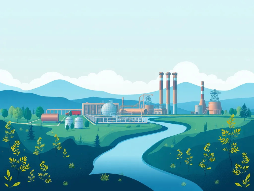 A modern bitumen production facility showcasing sustainable practices near a river.