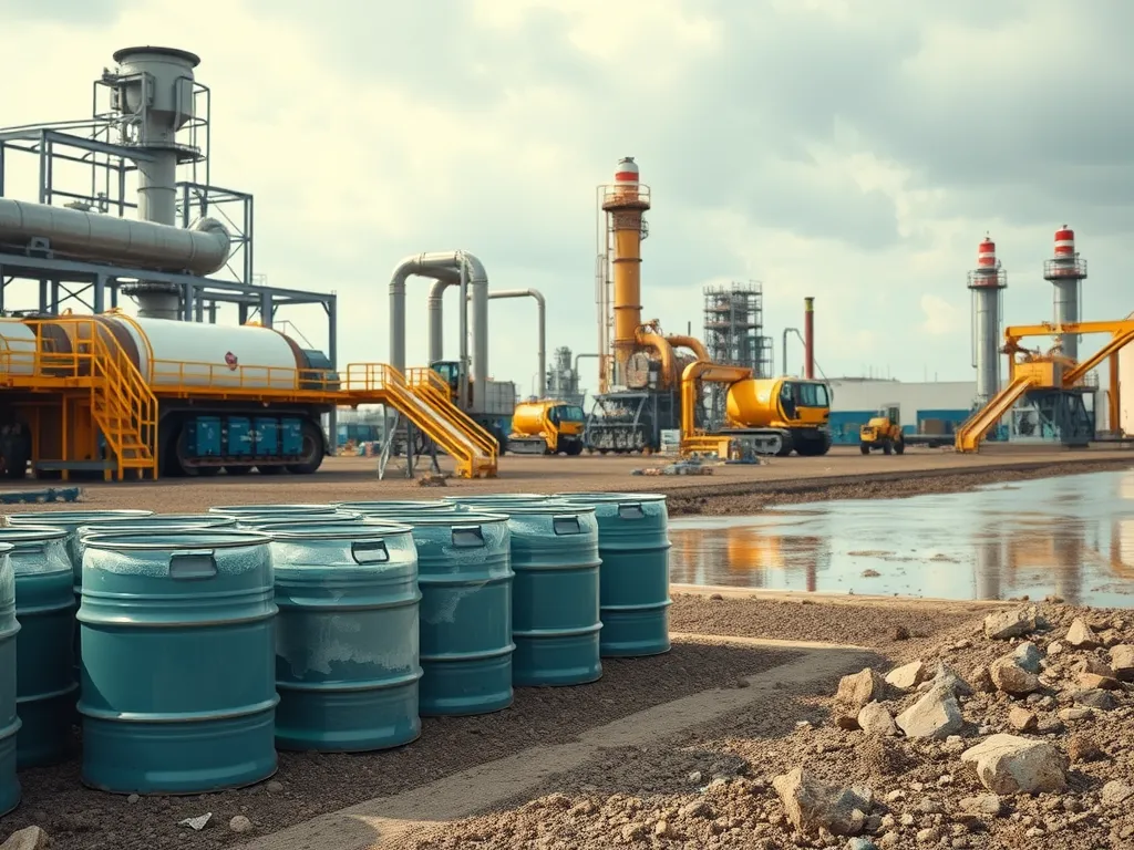 Oil barrels at a bitumen production facility emphasizing sustainable practices