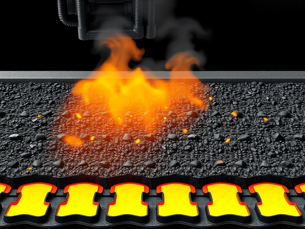 Image showing the process of torching cold patch asphalt with flames and smoke.