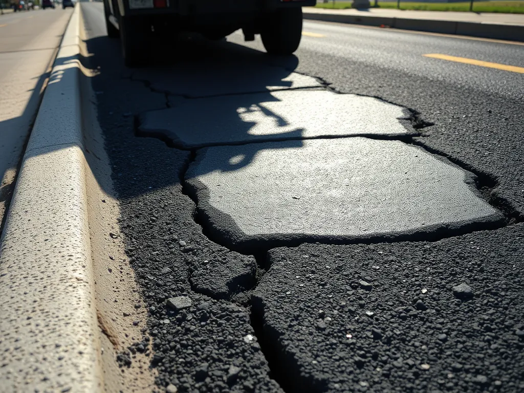 Defective cold patch asphalt on the road showing cracks and damaged surface