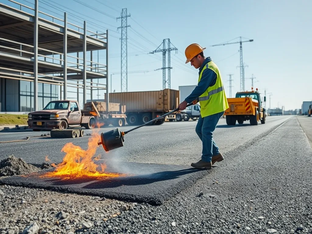Worker using a torch on cold patch asphalt for road repair