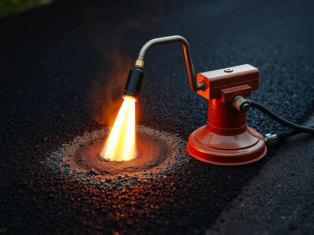 Torch being used to heat cold patch asphalt for better adhesion