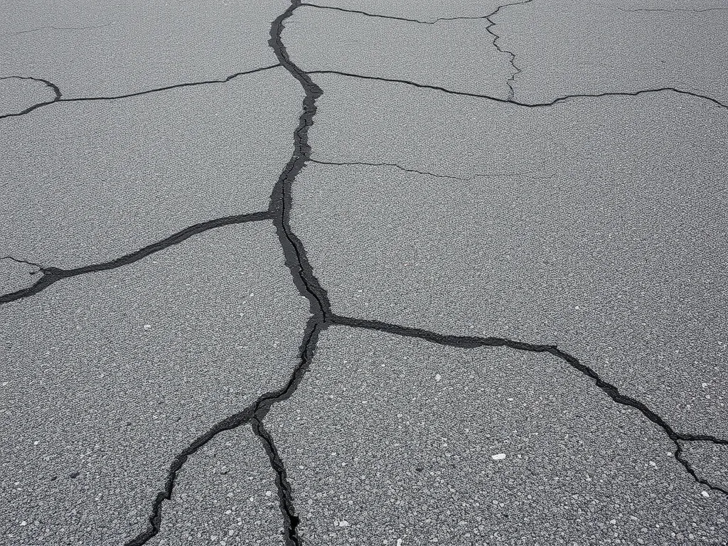 Cracked asphalt pavement showing wear due to traffic patterns