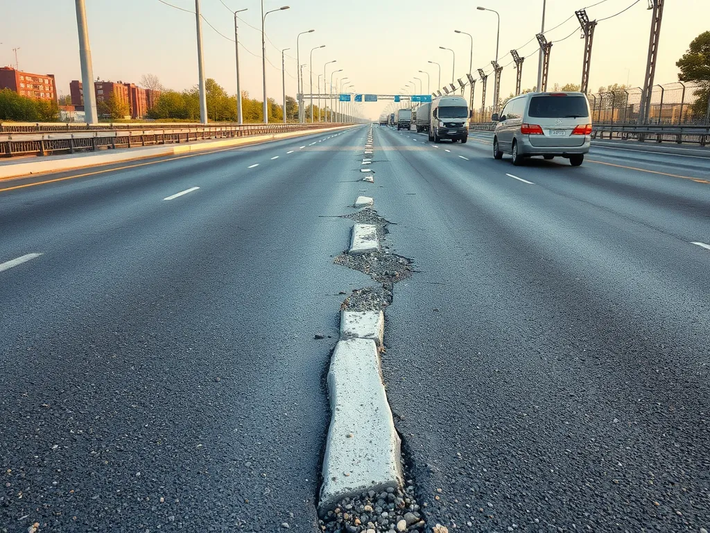 Damaged asphalt due to heavy traffic patterns showing cracks and wear.