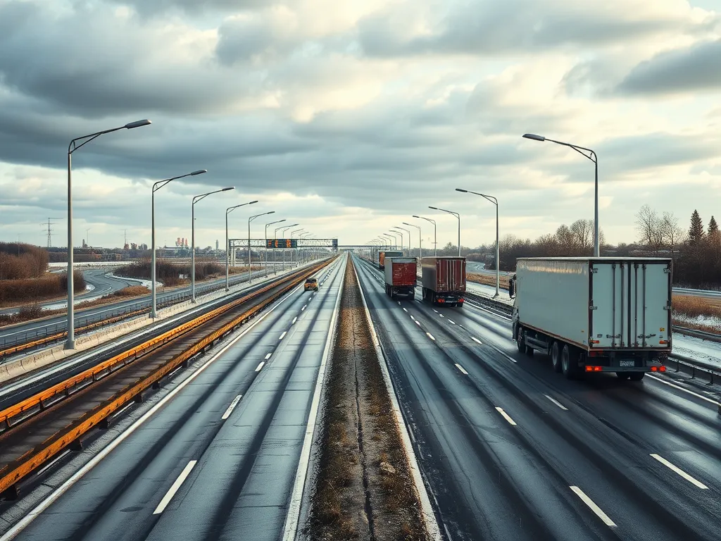 Heavy trucks and vehicles on a highway affecting asphalt wear due to traffic patterns