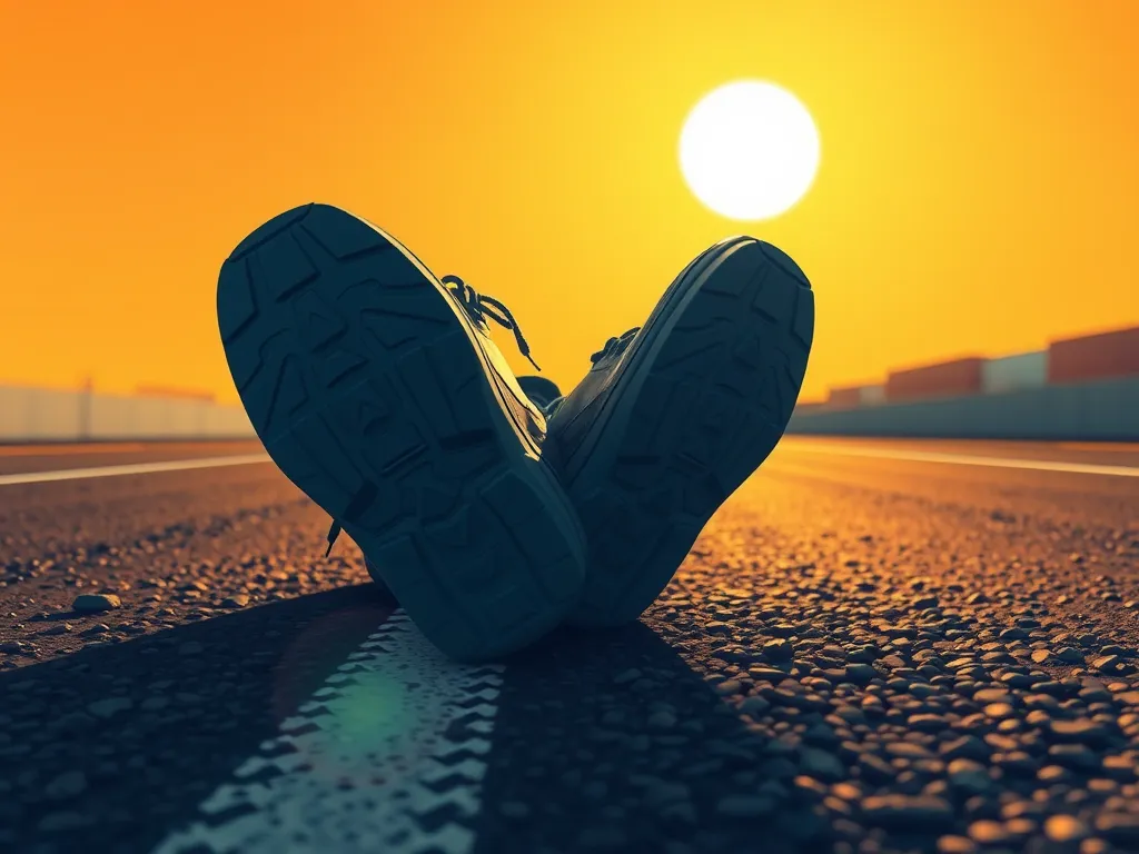 A pair of shoes resting on fresh asphalt during sunset, relating to walking on asphalt.