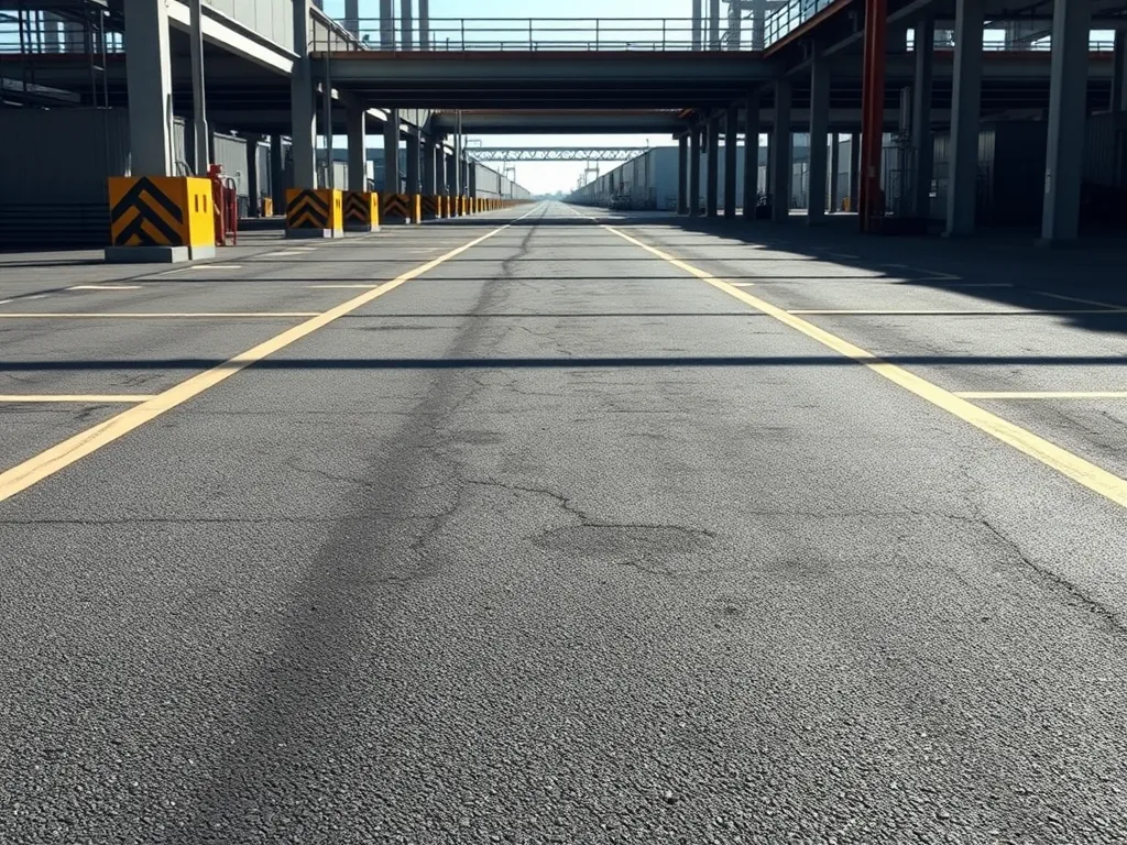 Freshly laid asphalt surface showing clear lines and open area, relevant for walking considerations.