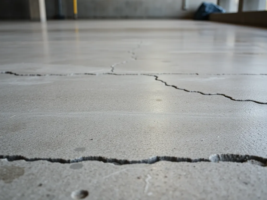 Cracked concrete floor surface, illustrating the aftermath of walking on fresh asphalt.
