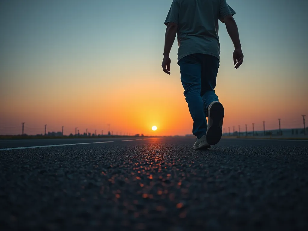 Person walking on fresh asphalt during sunset