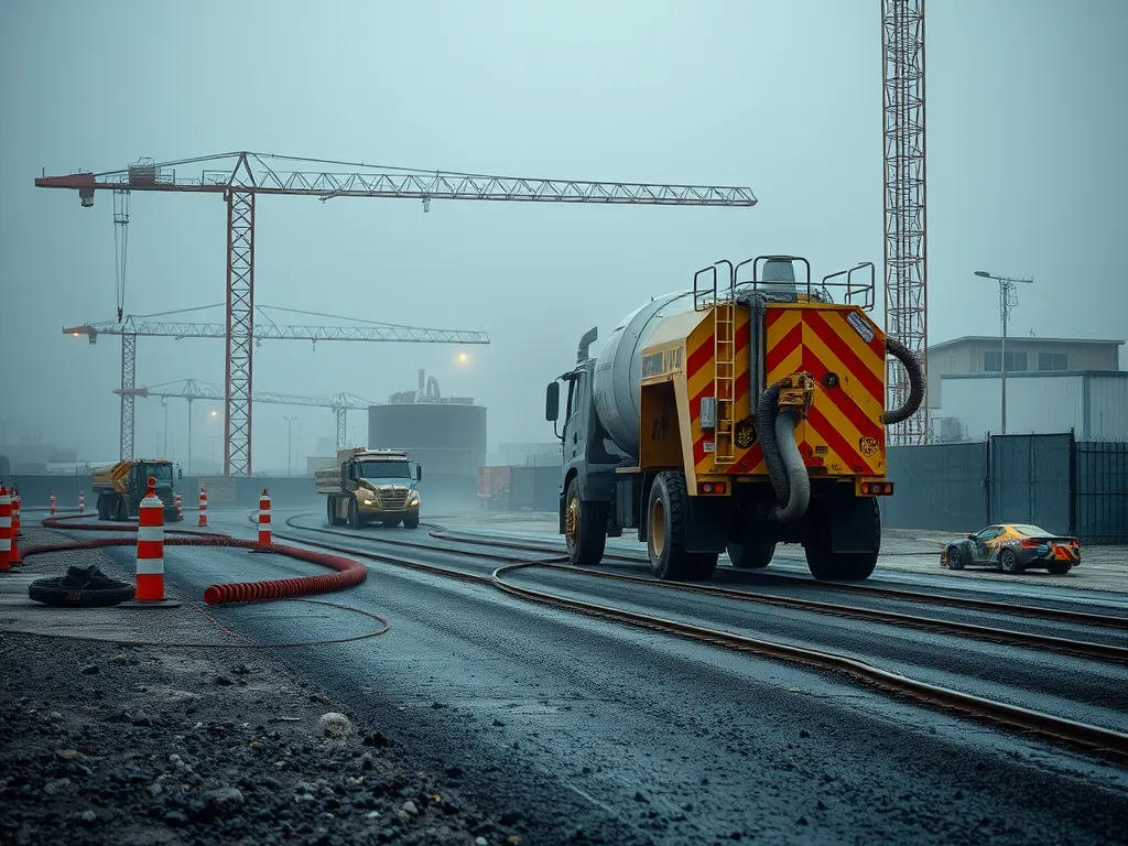 Construction site showing asphalt being poured, demonstrating effects of weather on asphalt curing time.