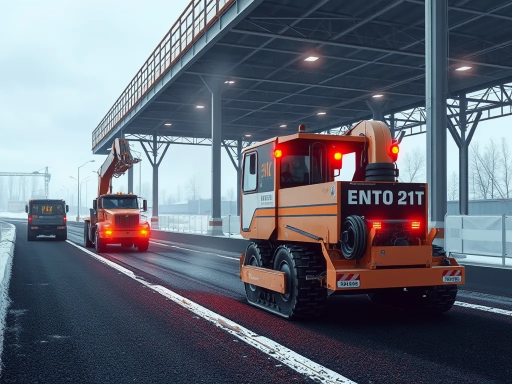 Construction vehicles working on asphalt curing in varying weather conditions