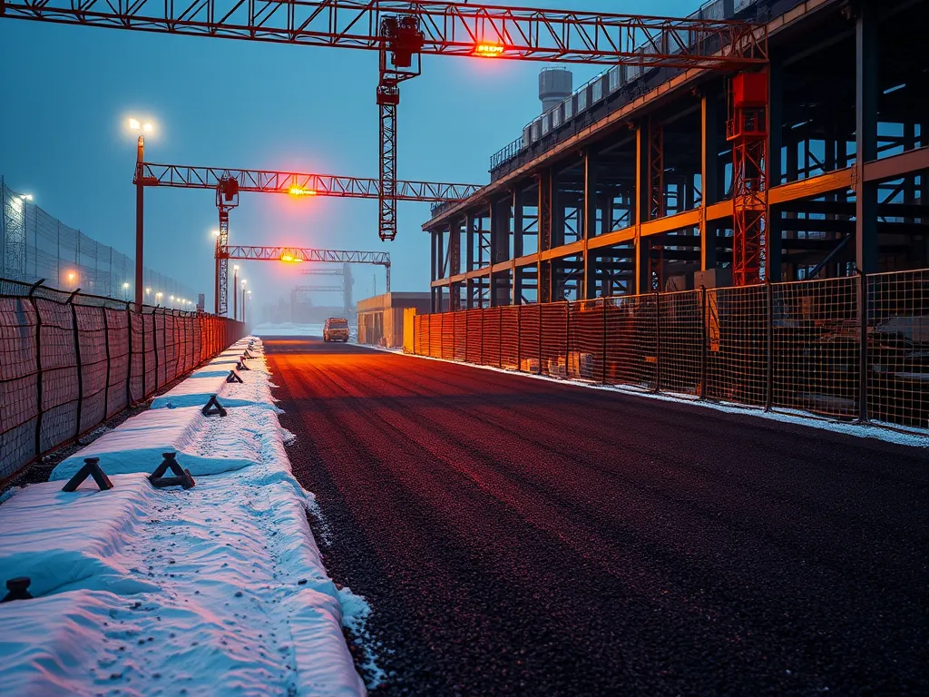 Asphalt road under construction affected by weather conditions, illustrating the impact of temperature and moisture on asphalt curing time.