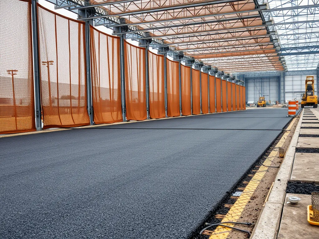 Asphalt being poured under a covered shelter to mitigate weather effects.