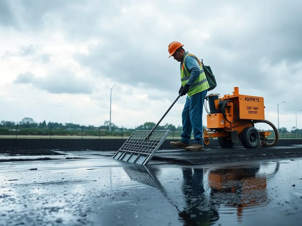 Worker pouring asphalt on a rainy day, illustrating the weather's effect on asphalt outcomes.