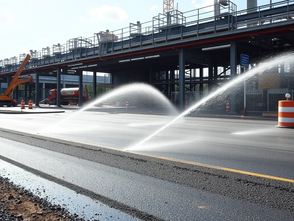 Water spraying on asphalt surface during pouring, illustrating the effect of weather on asphalt pouring outcomes.
