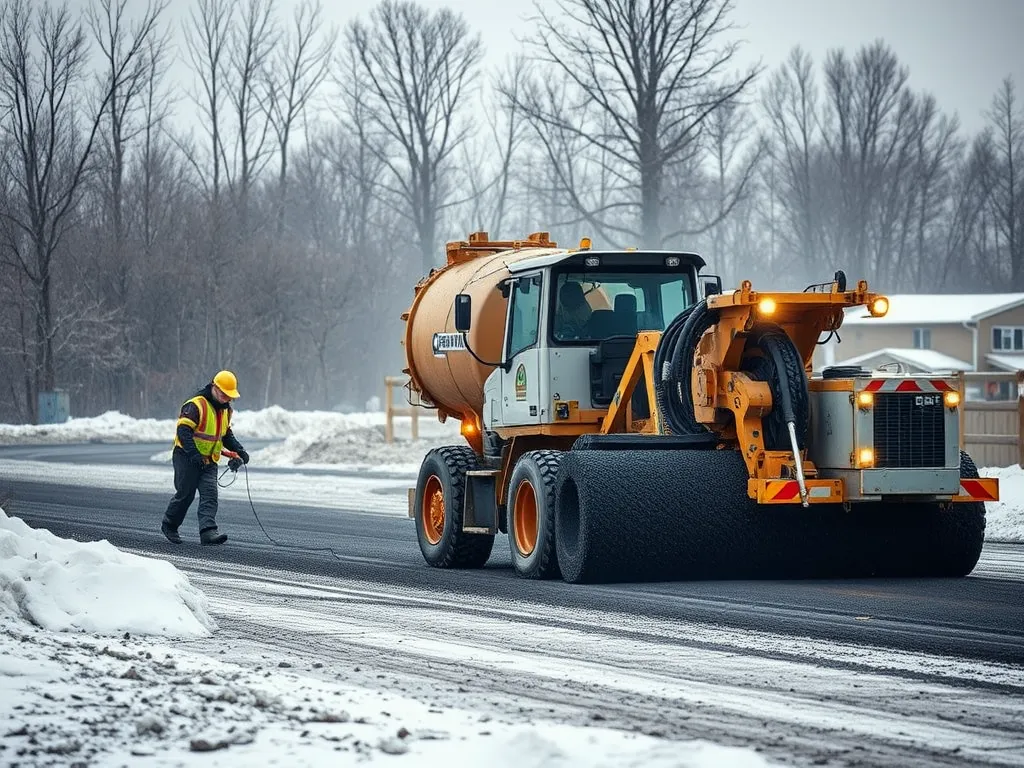 Asphalt paving machinery working in winter conditions.
