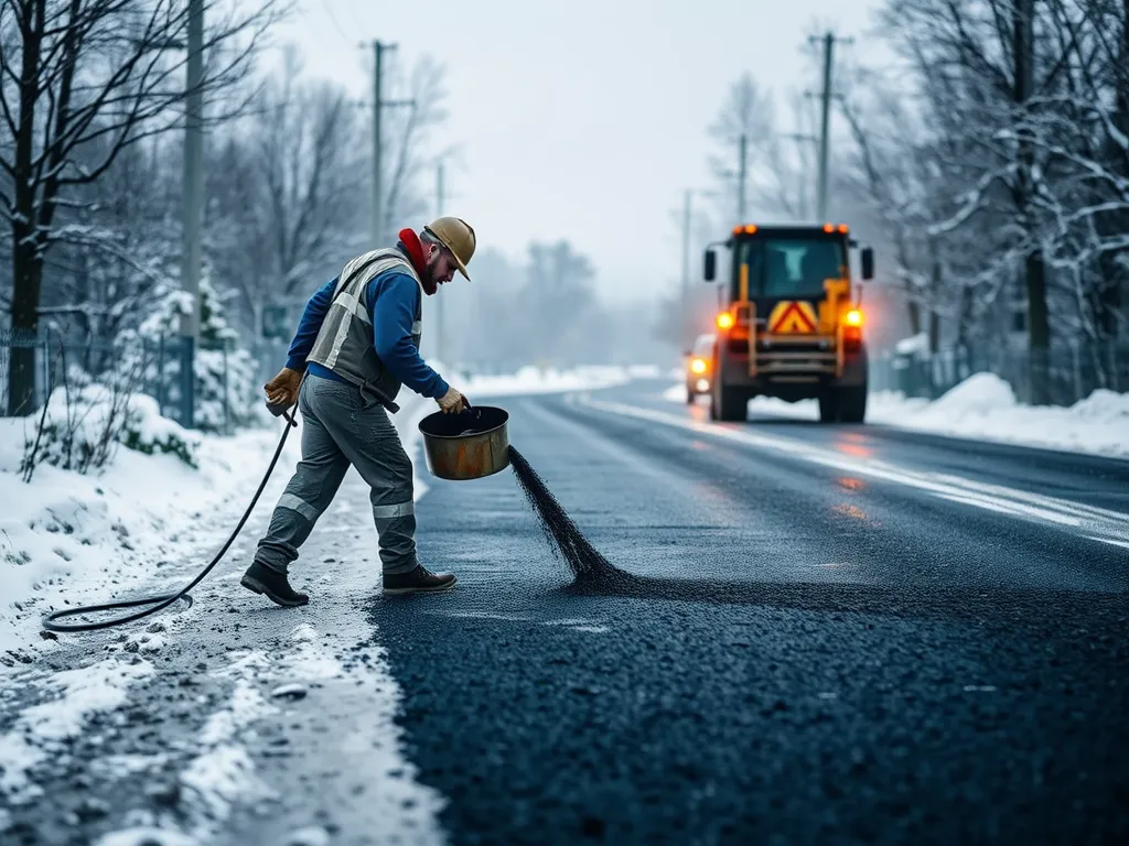 Worker applying asphalt during winter on a snow-covered road
